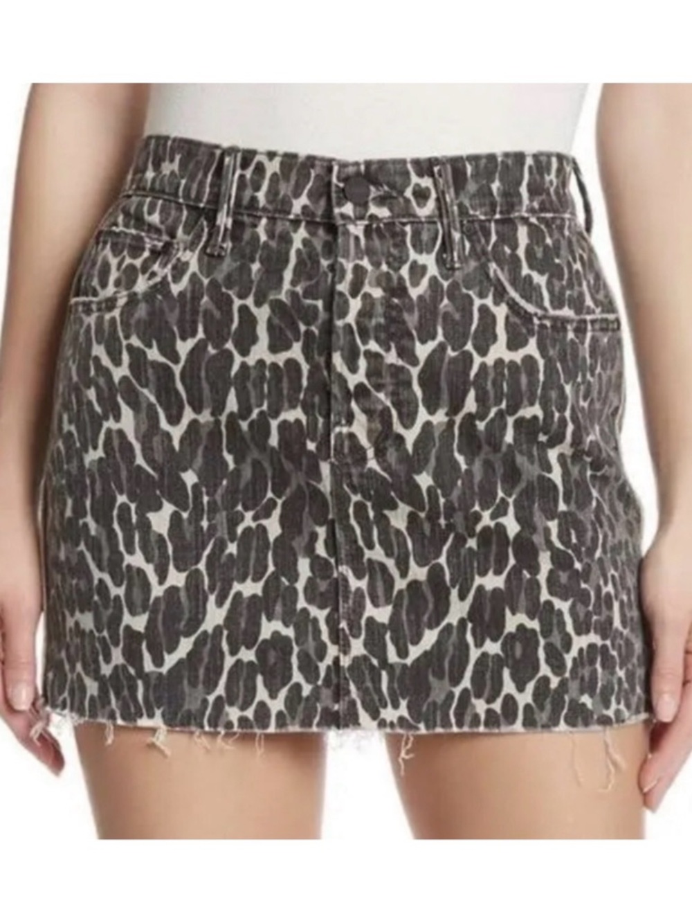 MOTHER Leopard-Print Vagabond Mini Fray Denim Mini Skirt - Black & Tan